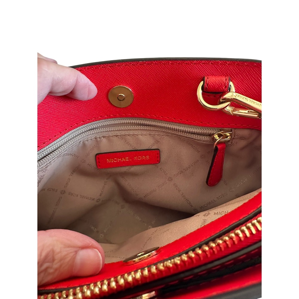 Michael‎ Kors Signature Monogram Dome Satchel Crossbody Bag Red Leather Trim - Picture 6 of 8